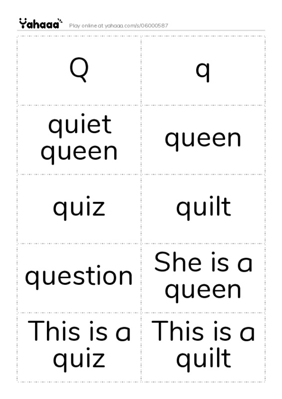 Word flashcards worksheet for Q, q, quiet queen and 8 more