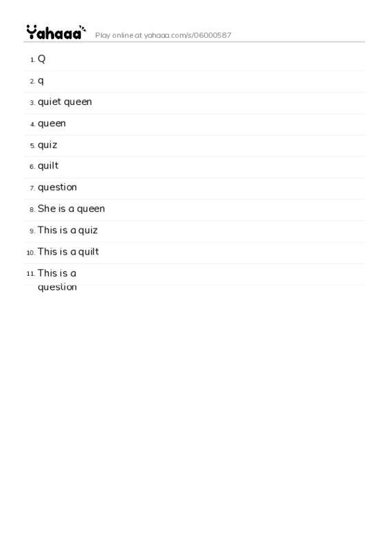 Word list with meanings worksheet for Q, q, quiet queen and 8 more