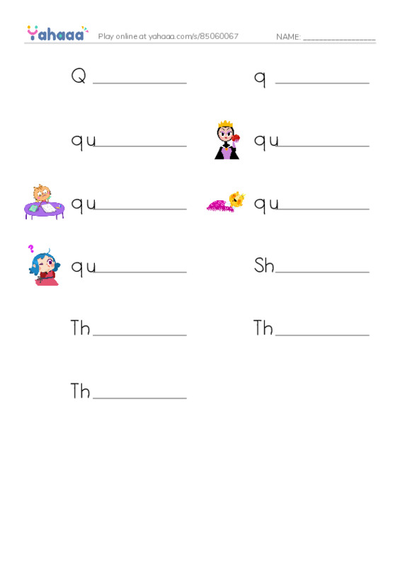 Write the word rows worksheet for Q, q, quiet queen and 8 more