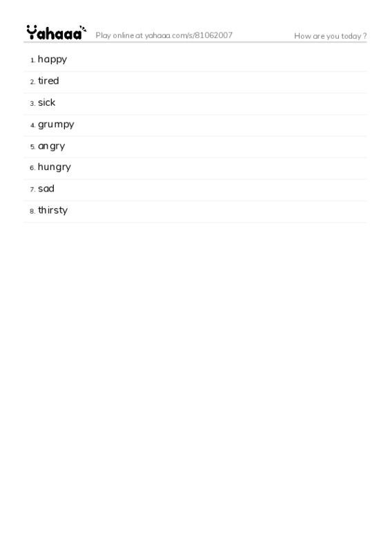 Word list with meanings worksheet for How are you today ?