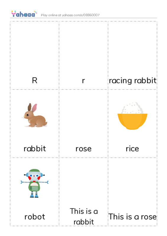 Picture flashcards worksheet for R, r, racing rabbit and 8 more