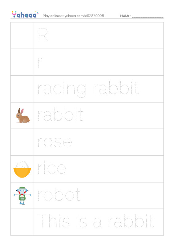 Picture and word rows worksheet for R, r, racing rabbit and 8 more