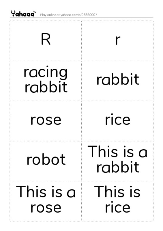 Word flashcards worksheet for R, r, racing rabbit and 8 more