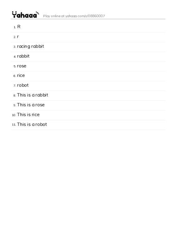 Word list with meanings worksheet for R, r, racing rabbit and 8 more