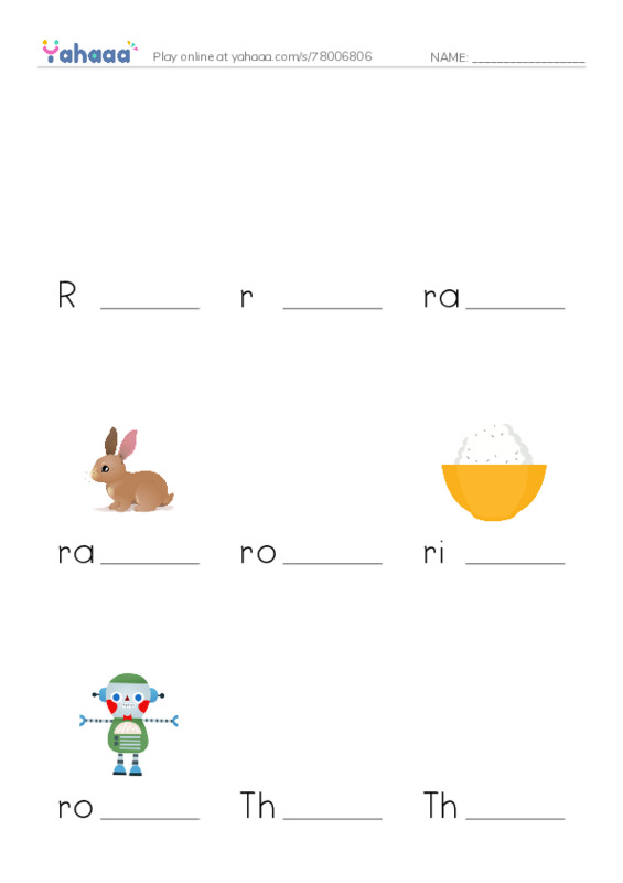 Finish the word worksheet for R, r, racing rabbit and 8 more