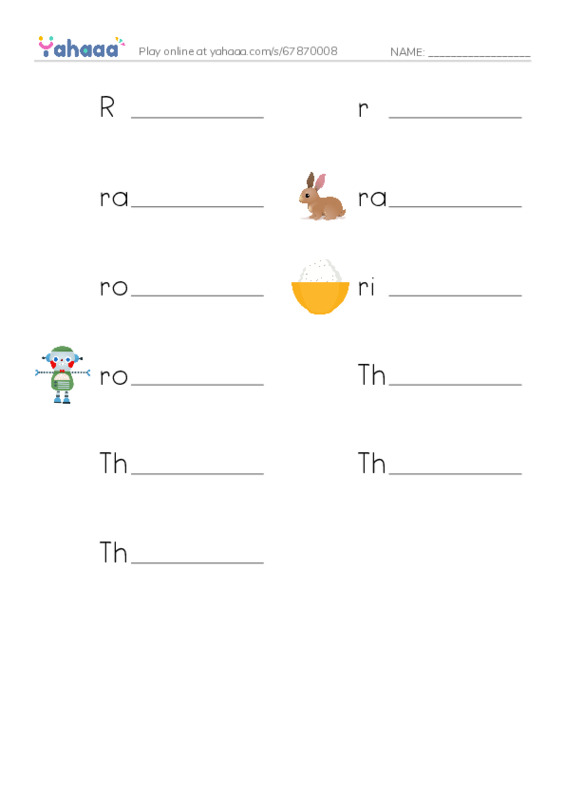 Write the word rows worksheet for R, r, racing rabbit and 8 more
