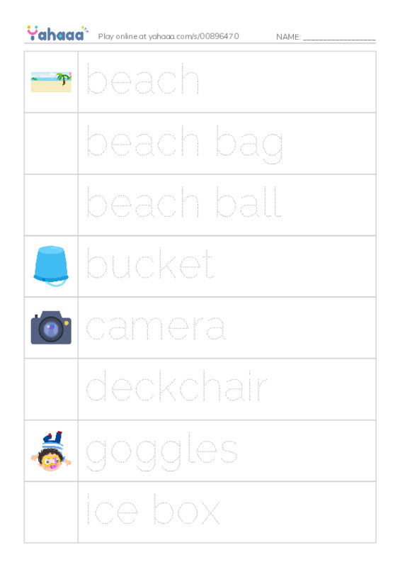 Picture and word rows worksheet for The beach