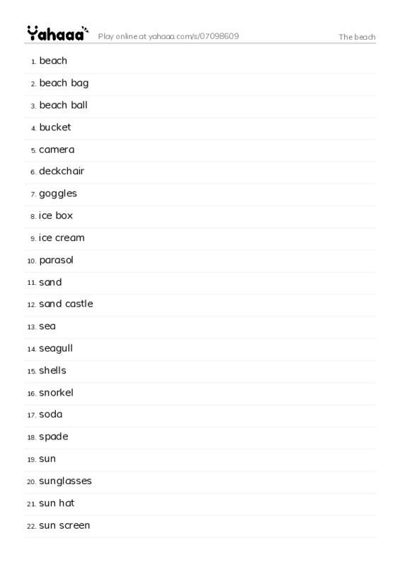 Word list with meanings worksheet for The beach