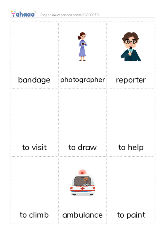 Picture flashcards worksheet for bandage, photographer, reporter and 7 more