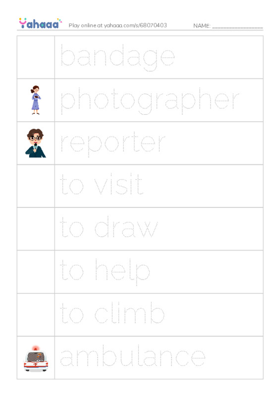 Picture and word rows worksheet for bandage, photographer, reporter and 7 more
