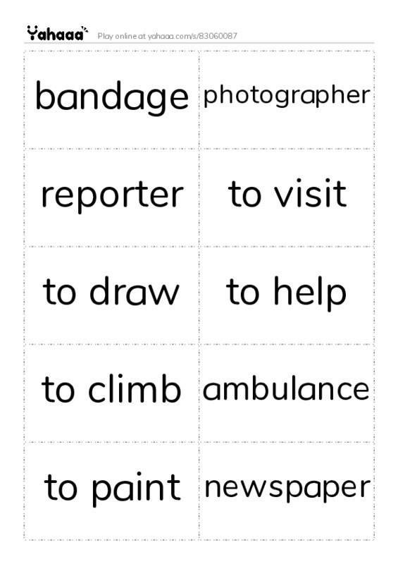 Word flashcards worksheet for bandage, photographer, reporter and 7 more