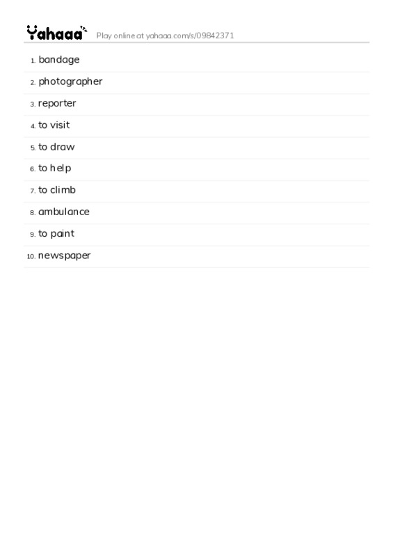 Word list with meanings worksheet for bandage, photographer, reporter and 7 more