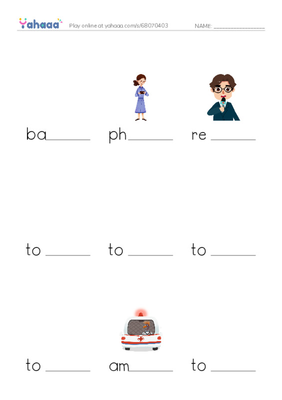Finish the word worksheet for bandage, photographer, reporter and 7 more