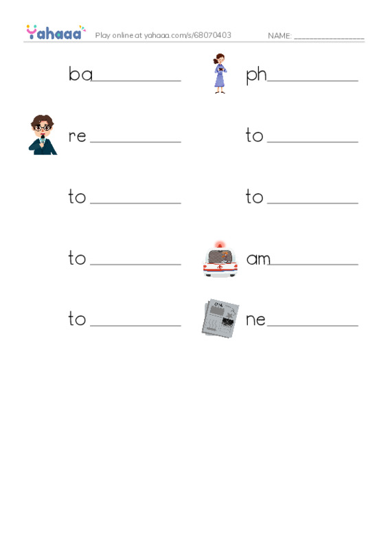 Write the word rows worksheet for bandage, photographer, reporter and 7 more
