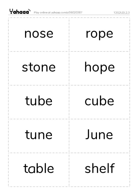 Word flashcards worksheet for T2G2U2L2,3