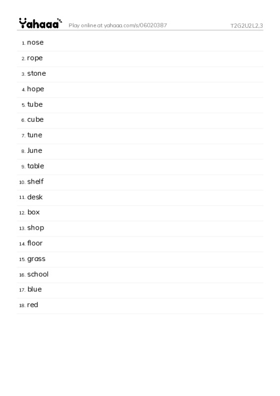 Word list with meanings worksheet for T2G2U2L2,3