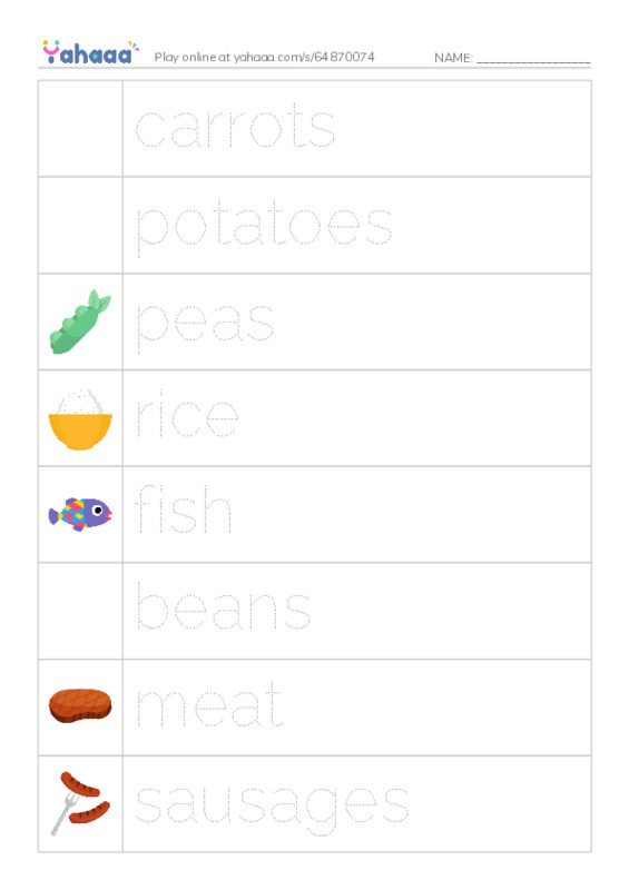 Picture and word rows worksheet for Meals