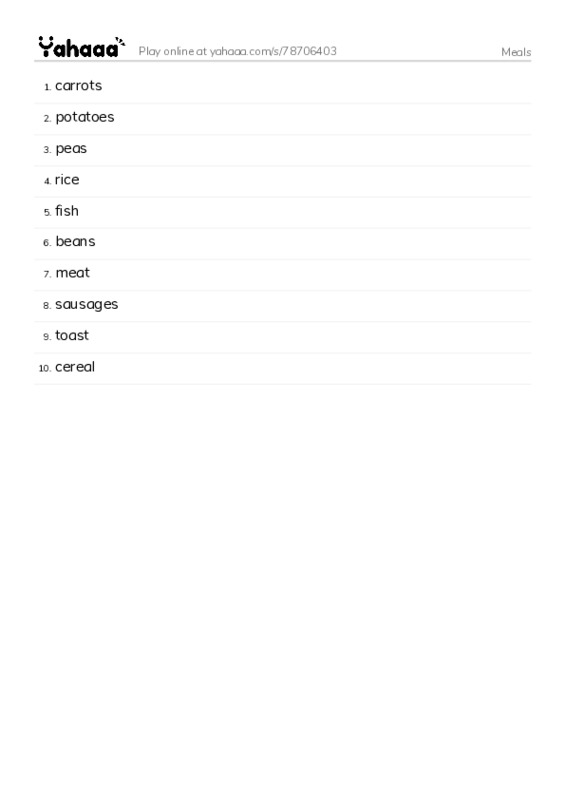 Word list with meanings worksheet for Meals