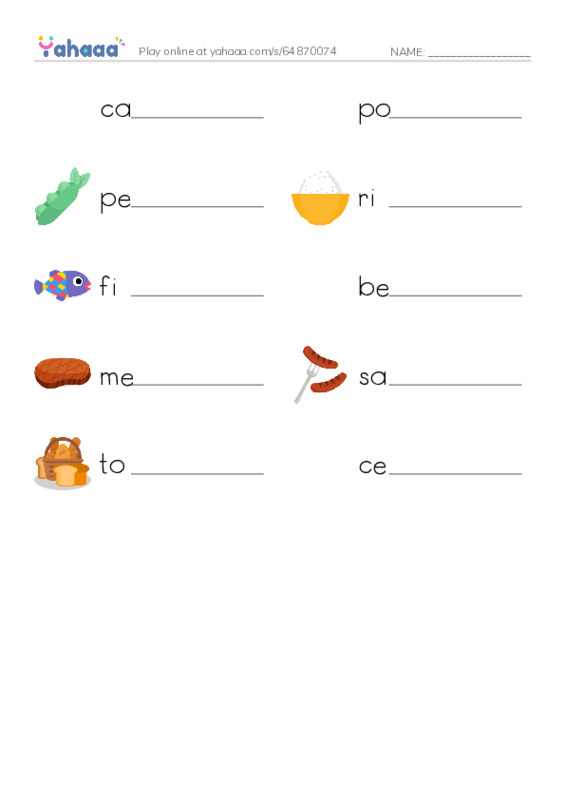 Write the word rows worksheet for Meals