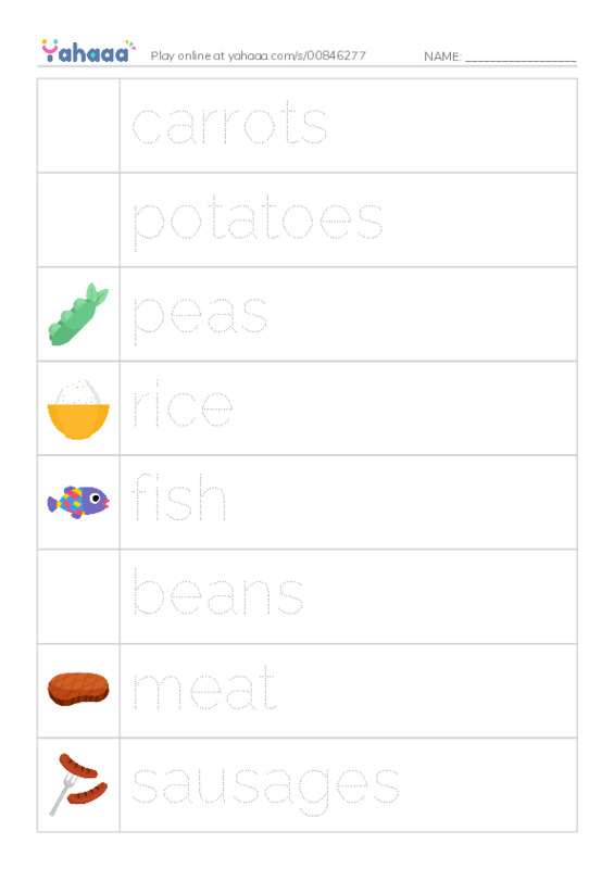 Picture and word rows worksheet for Food