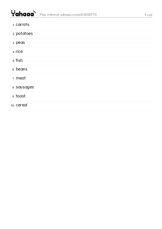 Word list with meanings worksheet for Food