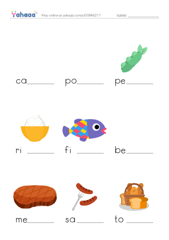 Finish the word worksheet for Food