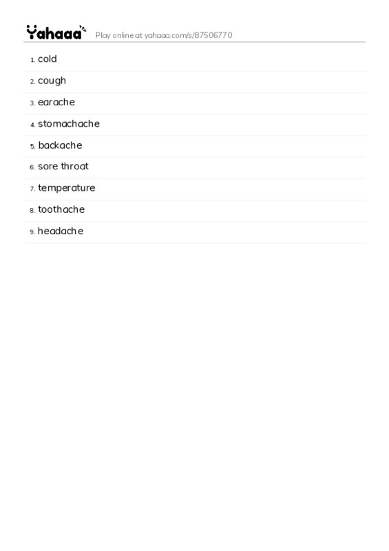 Word list with meanings worksheet for cold, cough, earache and 6 more