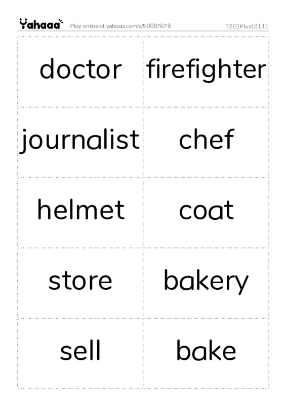 Word flashcards worksheet for T2G1PlusU1L11