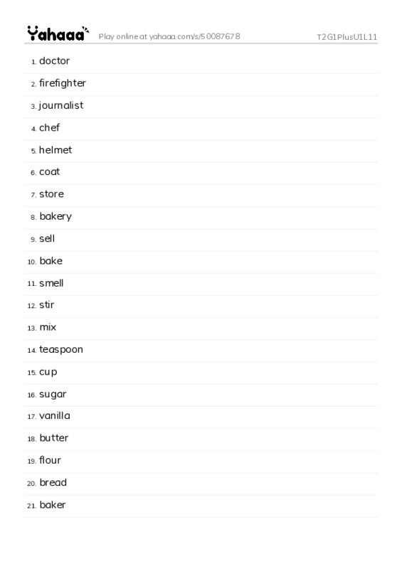 Word list with meanings worksheet for T2G1PlusU1L11