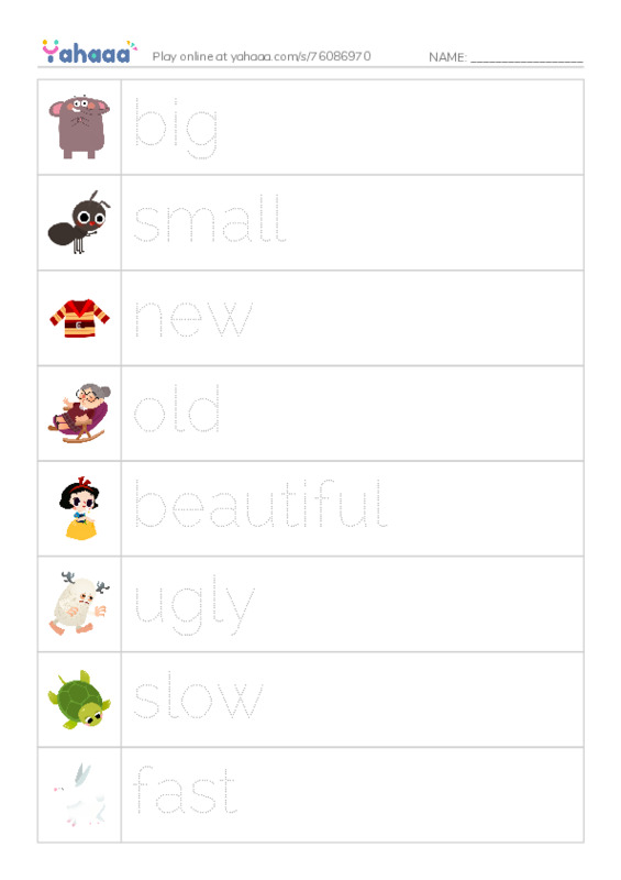 Picture and word rows worksheet for Adjectives