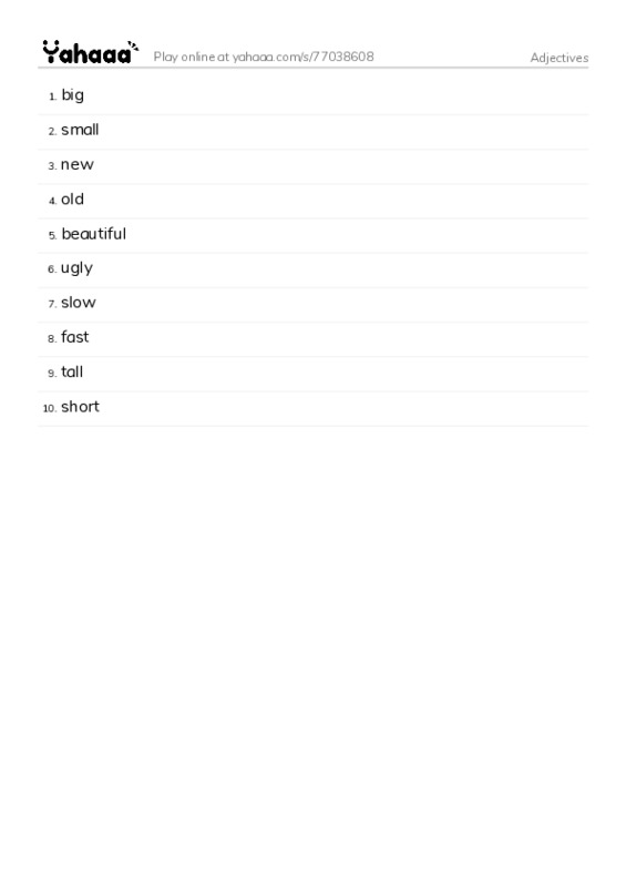 Word list with meanings worksheet for Adjectives