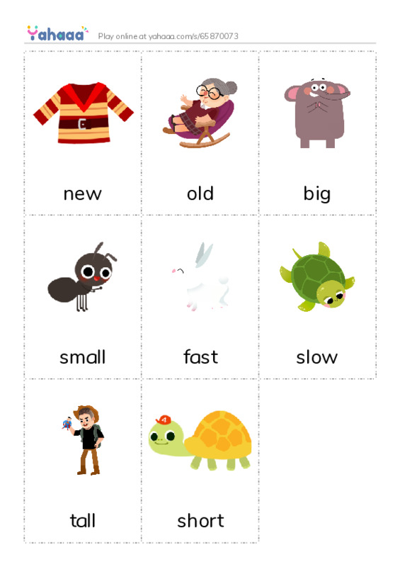 Picture flashcards worksheet for new, old, big and 5 more