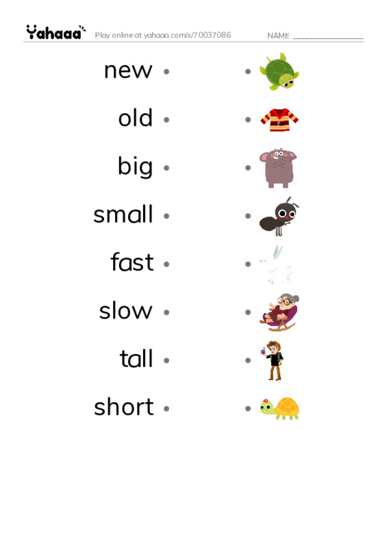 Draw a line to match worksheet for new, old, big and 5 more