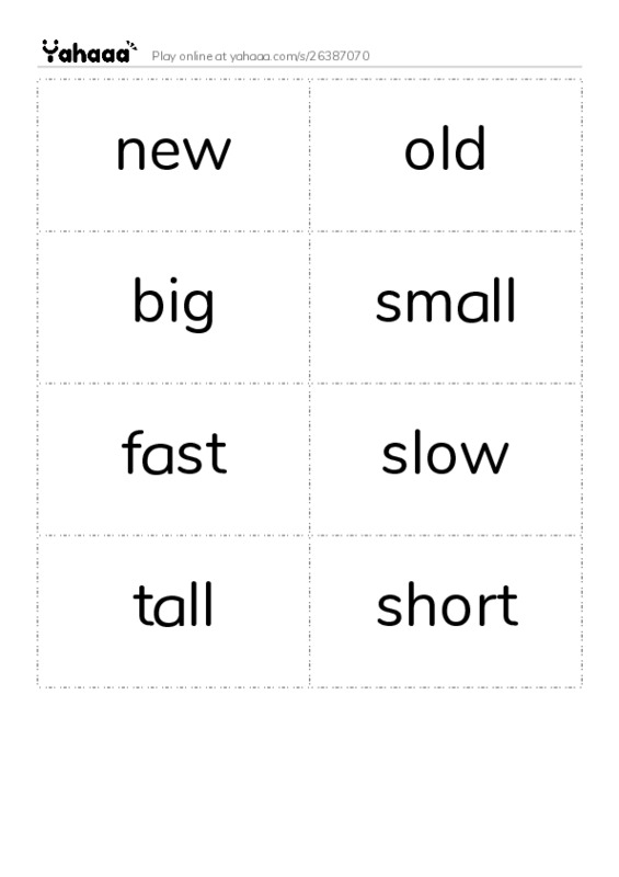 Word flashcards worksheet for new, old, big and 5 more