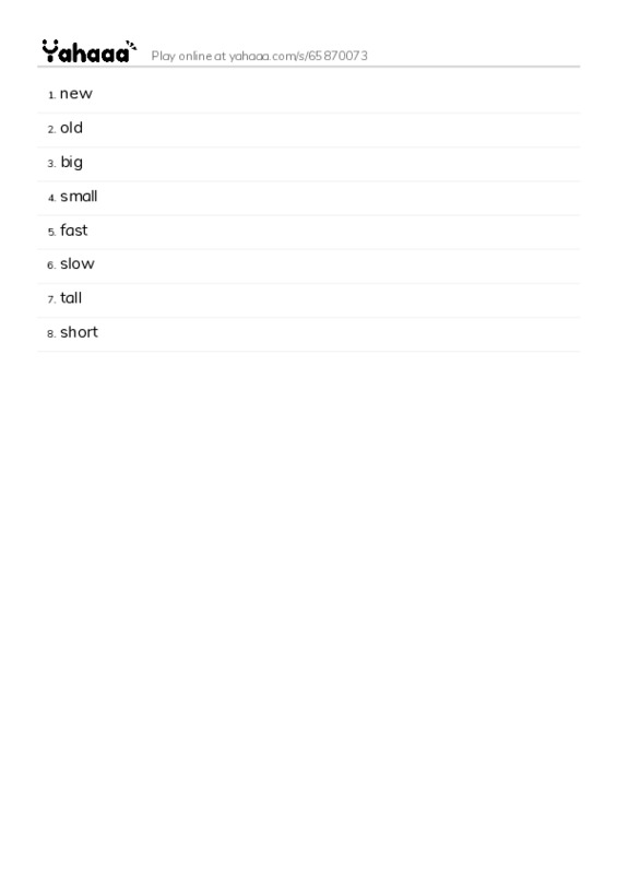 Word list with meanings worksheet for new, old, big and 5 more