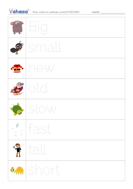 Picture and word rows worksheet for Ajectives