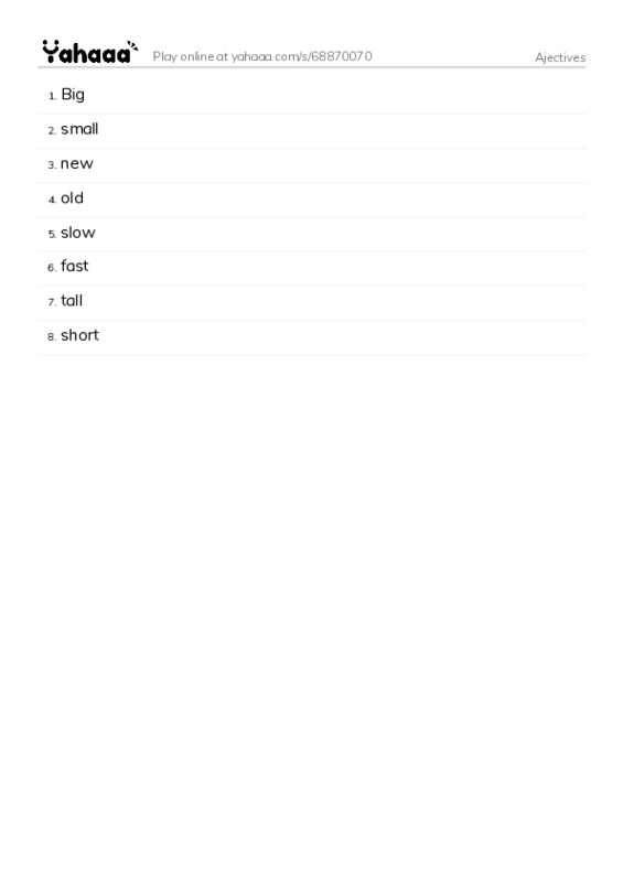 Word list with meanings worksheet for Ajectives
