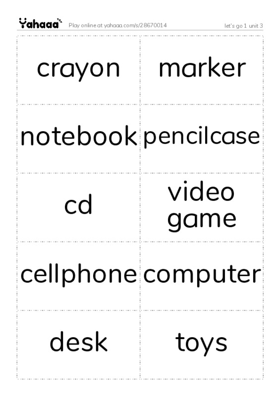 Word flashcards worksheet for let's go 1 unit 3