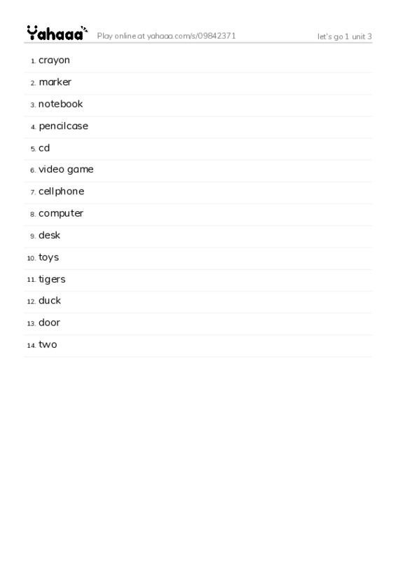 Word list with meanings worksheet for let's go 1 unit 3