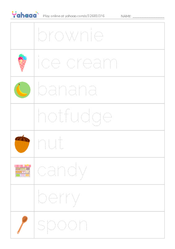 Picture and word rows worksheet for raz kids A sundae time