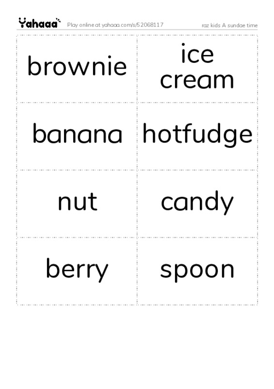 Word flashcards worksheet for raz kids A sundae time