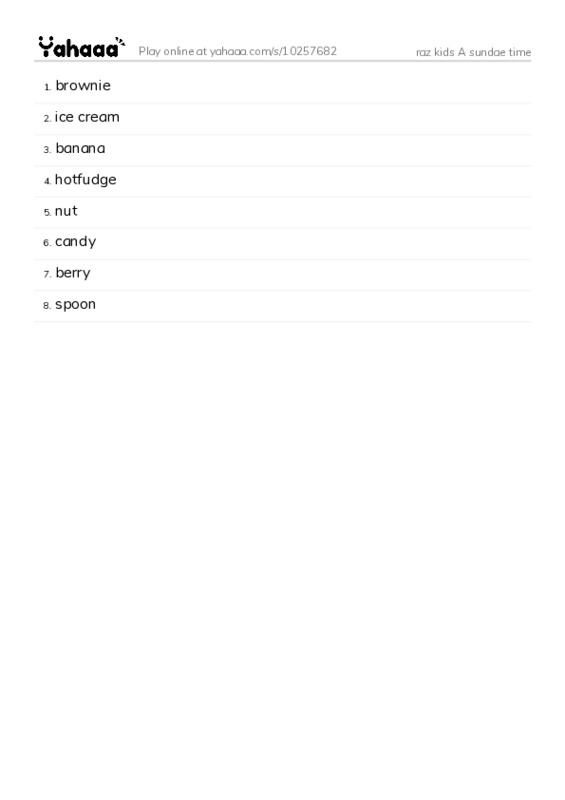Word list with meanings worksheet for raz kids A sundae time