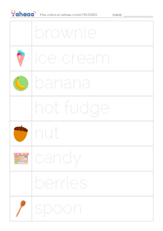 Picture and word rows worksheet for Sundae time