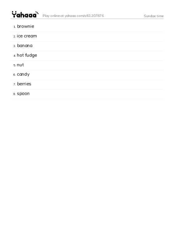 Word list with meanings worksheet for Sundae time