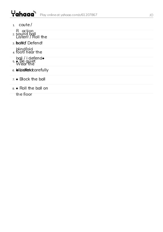 Word list with meanings worksheet for JO