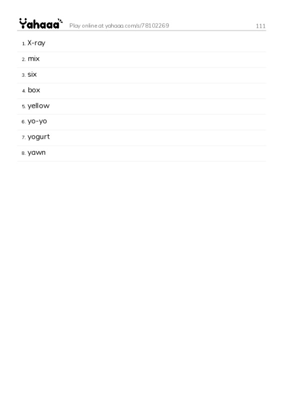 Word list with meanings worksheet for 111