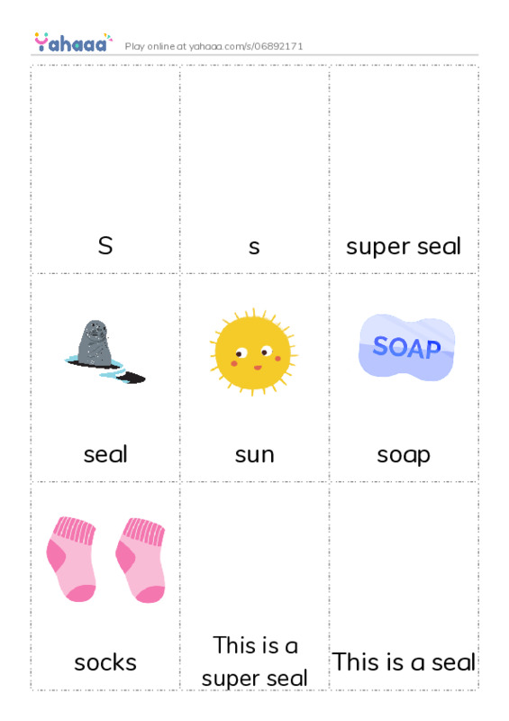 Picture flashcards worksheet for S, s, super seal and 9 more