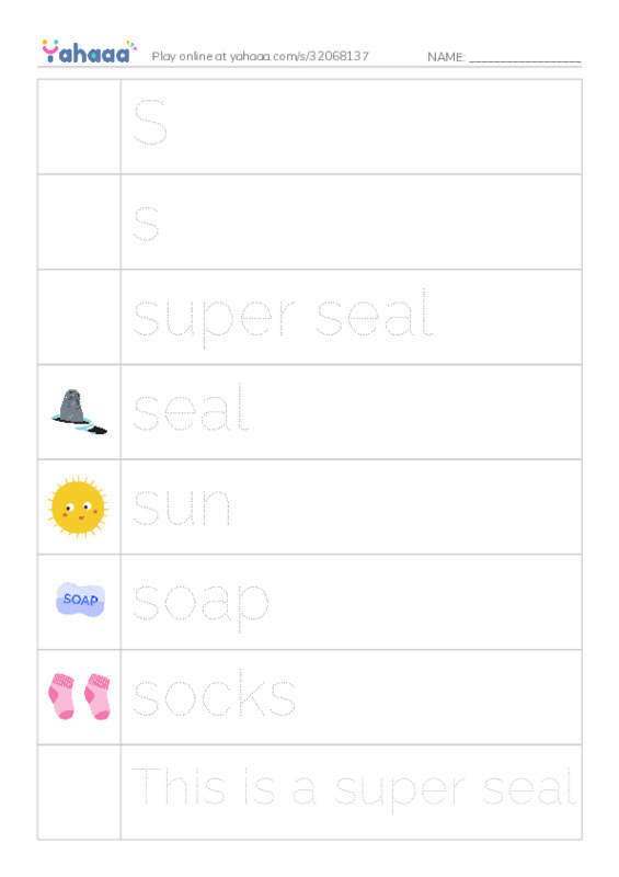 Picture and word rows worksheet for S, s, super seal and 9 more