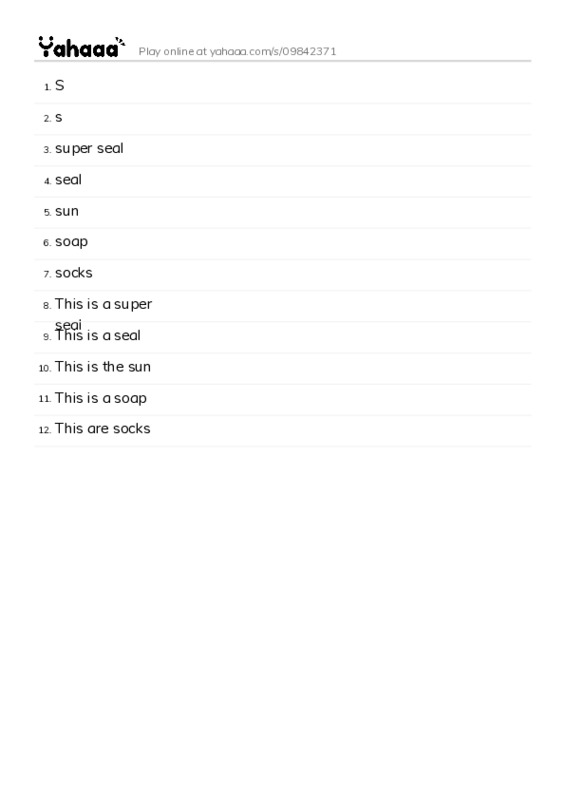 Word list with meanings worksheet for S, s, super seal and 9 more