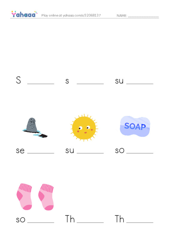 Finish the word worksheet for S, s, super seal and 9 more